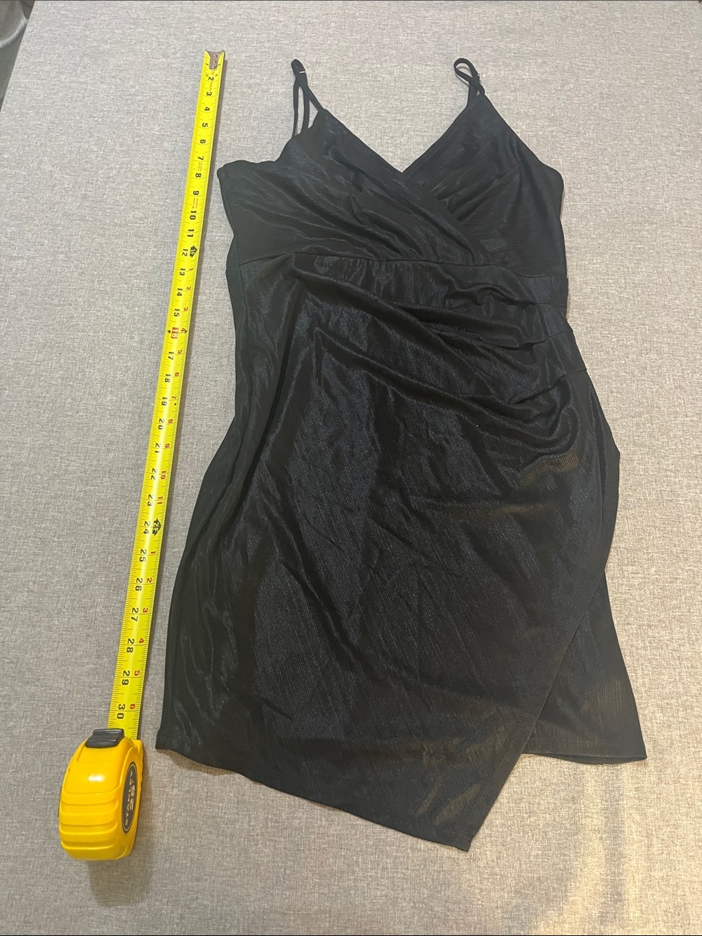 Shinestar Black Mini Faux-Wrap Slip Dress
